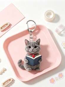 Cute Grey Kitten Reading Pattern Keychain, Party Pendant, Multi-Functional Keychain Decoration, Phone Charm, Backpack Charm, Key Charm, Car Charm, Party Fashion Accessory, Fun 2D Acrylic Accessory, Suitable For Backpacks, Bags, Car Key Charms And Daily Use, Great Choice For Couple Gifts And Party Supplies - Multicolor - View 8