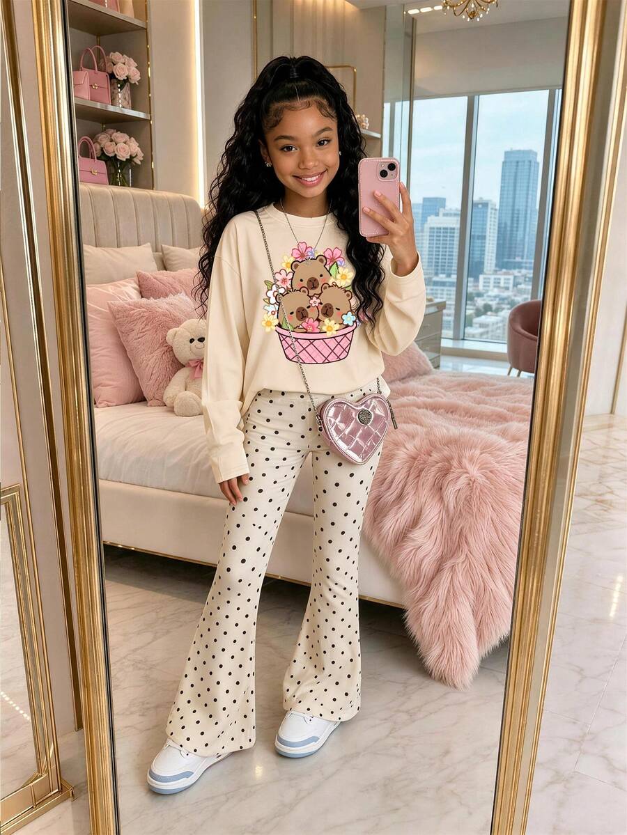 This 2 Pieces Set For Older Girls And Teens Includes An Apricot Long-Sleeve Top And A Pair Of All-Over Polka Dot Flared Pants; Featuring A Creative Design With A Capybara Pattern, The Overall Style Is Simple And Casual - Apricot - View 1