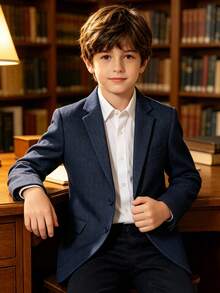 Boys' Navy Blue Herringbone Suit Jacket, Notch Lapel Single-Breasted Formal Blazer, Suitable For Weddings, Birthdays, Parties, Photo Shoots, 6-16 Years Old - Navy Blue - View 6