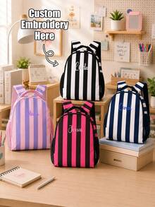 Personalized Fashion Striped Backpack, Casual Daily Daypack With Adjustable Shoulder Straps, Vertical Stripes Design Rucksack With Side Mesh Pockets - Multicolor - View 1