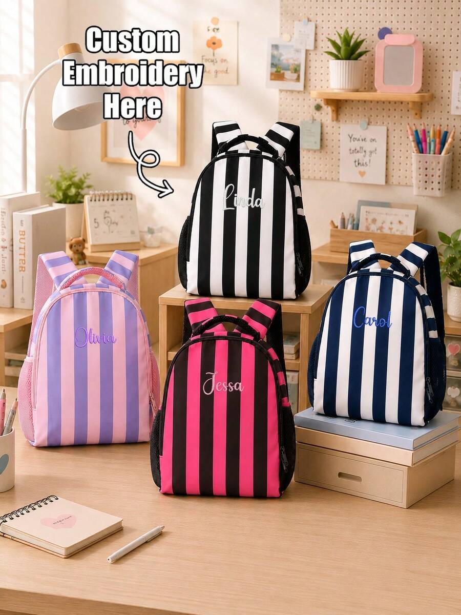 Personalized Fashion Striped Backpack, Casual Daily Daypack With Adjustable Shoulder Straps, Vertical Stripes Design Rucksack With Side Mesh Pockets - Multicolor - View 1