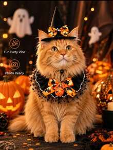 Bộ 2 món phụ kiện thú cưng Halloween, mũ phù thủy và vòng cổ nơ bèo ren kèm mặt dây chuyền bí ngô, trang phục tiệc lễ hội cho chó nhỏ và mèo - Nhiều màu - Xem 3