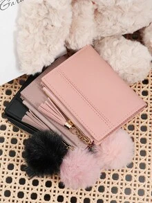 Ladies' Fashionable Short Zipper Wallet, With A Pom-Pom Charm, Portable Card Wallet With Tassel Decoration, Suitable For Daily Storage And Travel - Lilac Purple - View 5