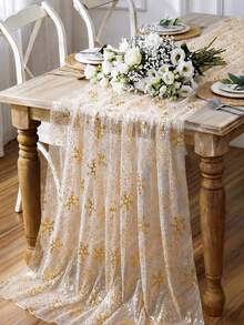 1件裝聖誕金色雪花網格桌旗，75cm*180cm網紗桌布，桌巾，聖誕快樂，聖誕裝飾，聖誕裝飾，聖誕餐桌裝飾，廚房餐桌裝飾，節日派對裝飾，冬季家居裝飾，DIY裝飾用品，新年裝飾，室內外通用 - 金色雪花 - 查看 8