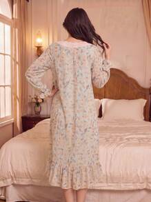 RS Pajama1 Lace V-Neck Long Sleeve Contrast Color Lace Romantic Elegant Printed Nightgown, Autumn/Winter - Mint Green - View 5