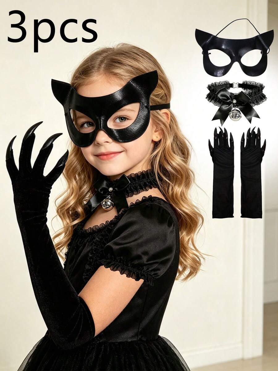 3pcs Halloween Cat Ear Headband Cute Black Cat Cool Costume Set - Multicolor - View 1