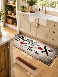 1pc Black White Red Heart English Slogan Pattern Kitchen Mat, Vintage Country Farmhouse Style, Distressed Wood Grain Print Design, Anti-Slip Wear-Resistant, Suitable For All Seasons, Daily Kitchen, Sink Area, Cooking Zone And Home Decor - Multicolor - View 12