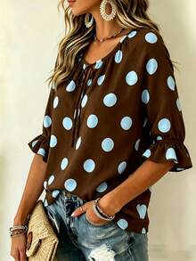Plus Size Women's Geometric Pattern Loose 3/4 Sleeve Ruffle Blouse - Brown - View 2