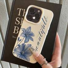 1pc TPU Material Fresh Elegant Blue Floral English Cursive Pattern Phone Case Compatible With IPhone 17 Pro Max/17/16 Pro Max/15/13/12/11/ S20 FE/A15/S24/A55/ Note 11/Note 12/Note 13 Pro Full Coverage Anti-Fall Soft Shell Phone Protective Cover - White - View 2