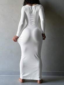 GLAMSKIN Gaun Maxi Mermaid Bodycon Pas Badan Lengan Panjang Bergaris Leher U untuk Wanita, Gaya Dasar untuk Pakaian Sehari-hari Musim Gugur dan Prom Kembali ke Sekolah, Putih - Putih - View 6