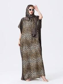 Maillard Color Leopard Print Flowy Satin Long Kaftan Dress With Yellow Trim, Matching Headscarf, Vacation Style - Multicolor - View 1