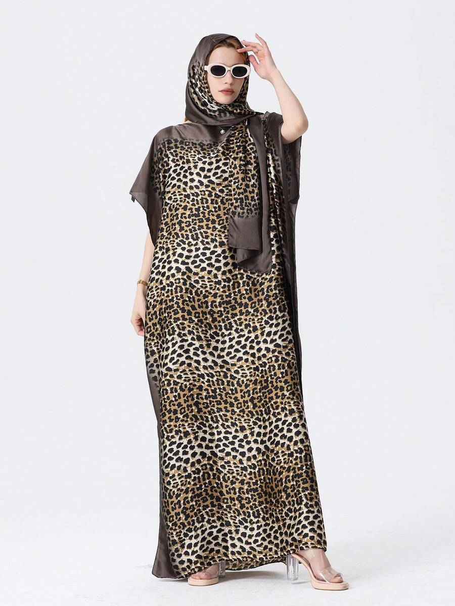 Maillard Color Leopard Print Flowy Satin Long Kaftan Dress With Yellow Trim, Matching Headscarf, Vacation Style - Multicolor - View 1