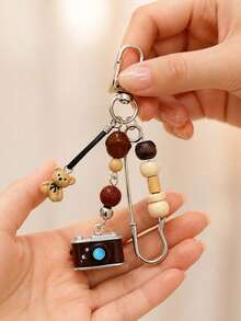 Retro Beaded Camera Keychain With Cute Bear,Beaded Pin Bag Charm,Phone Accessory,Unisex Wallet Charm,Handbag Accessories,Must-Have For Fashionistas - Multicolor - View 4