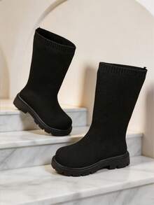New Kids' Elastic Knit High-Top Long Socks Boots, Solid Color Knit Fabric Soft And Snug Fit On Calves, Loose Round Toe For Toe Protection, Thick Anti-Slip Textured Sole, Simple Black Style, Lightweight And Versatile, Girls' Spring/Autumn Elastic Long Boots For Dresses And Pants - Black - View 1