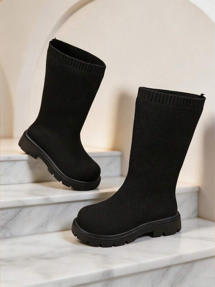 New Kids' Elastic Knit High-Top Long Socks Boots, Solid Color Knit Fabric Soft And Snug Fit On Calves, Loose Round Toe For Toe Protection, Thick Anti-Slip Textured Sole, Simple Black Style, Lightweight And Versatile, Girls' Spring/Autumn Elastic Long Boots For Dresses And Pants - Black - View 1