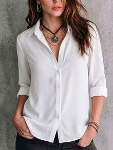 Women's Solid Button Front Shirt, Collared Long Sleeve Top For Business, Office, Home, Vacation, Holiday, Travel, Spring Summer Fall Winter - White - View 2
