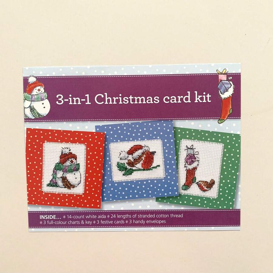 1 Set Of 3 Cross Stitch Greeting Cards/DIY Christmas Cross Stitch/Snowman, Bird And Christmas Stocking Pattern Embroidery/Easy To Learn Suitable For Beginners