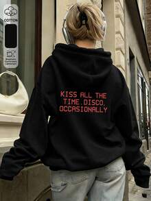 Women's Casual Black Long Sleeve Hoodie With Graphic Print, Drop Shoulder Pullover Sweatshirt For Fall & Winter Y2K Streetwear Fashion - Black - View 3