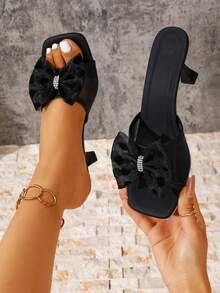 1 Pair Women's Black Square Toe Mule Sandals, Mesh Upper Bow Rhinestone Decor Slip‑On Flare High Heel Slides - Black - View 7