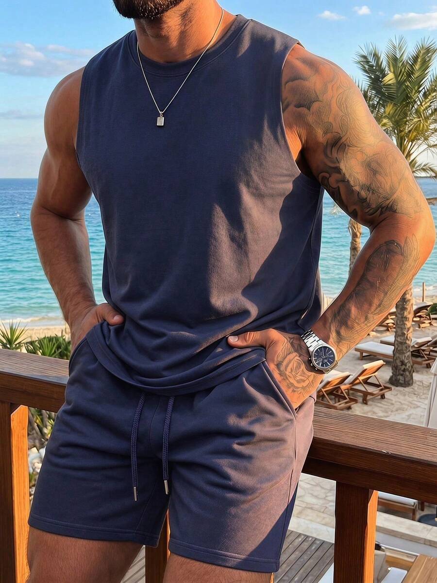 Men's Summer Round Neck Casual Tank Top And Shorts Set - Navy Blue - View 1