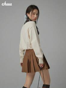 CHUU Letter Embroidered Knit Sweater Women Autumn POLO Collar Long Sleeve Short Pullover - Apricot - View 5