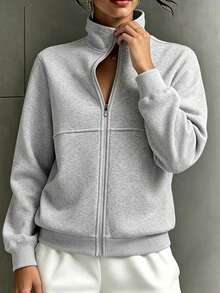 Fashionable Sports Casual Women's Solid Color Stand Collar Zip-Up Sweatshirt - Light Grey - View 2
