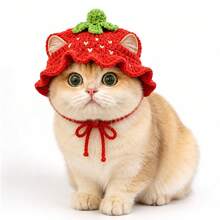 Cute Strawberry Crochet Pet Hat, Handmade Fruit Shaped Hat With Ear Holes And Ties, Suitable For Cat Photo Props, Party, Birthday And Daily Dress Up - Multicolor - View 1