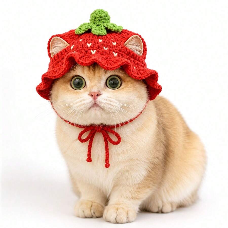 Cute Strawberry Crochet Pet Hat, Handmade Fruit Shaped Hat With Ear Holes And Ties, Suitable For Cat Photo Props, Party, Birthday And Daily Dress Up - Multicolor - View 1