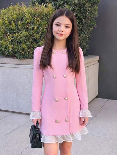 Tween Girls Pink Double-Breasted Colorblock Ruffle Design A-Line Short Dress, Cute Elegant Casual Streetwear School Style, Autumn/Winter