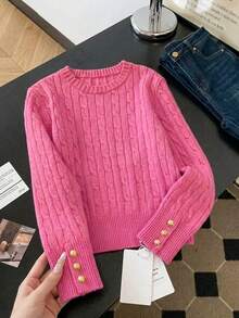 Women's Autumn/Winter Solid Color Cable Knit Crew Neck Pullover Sweater, Versatile Daily Wear, Fashionable Slimming Soft Knit Top Fall - Hot Pink - View 5