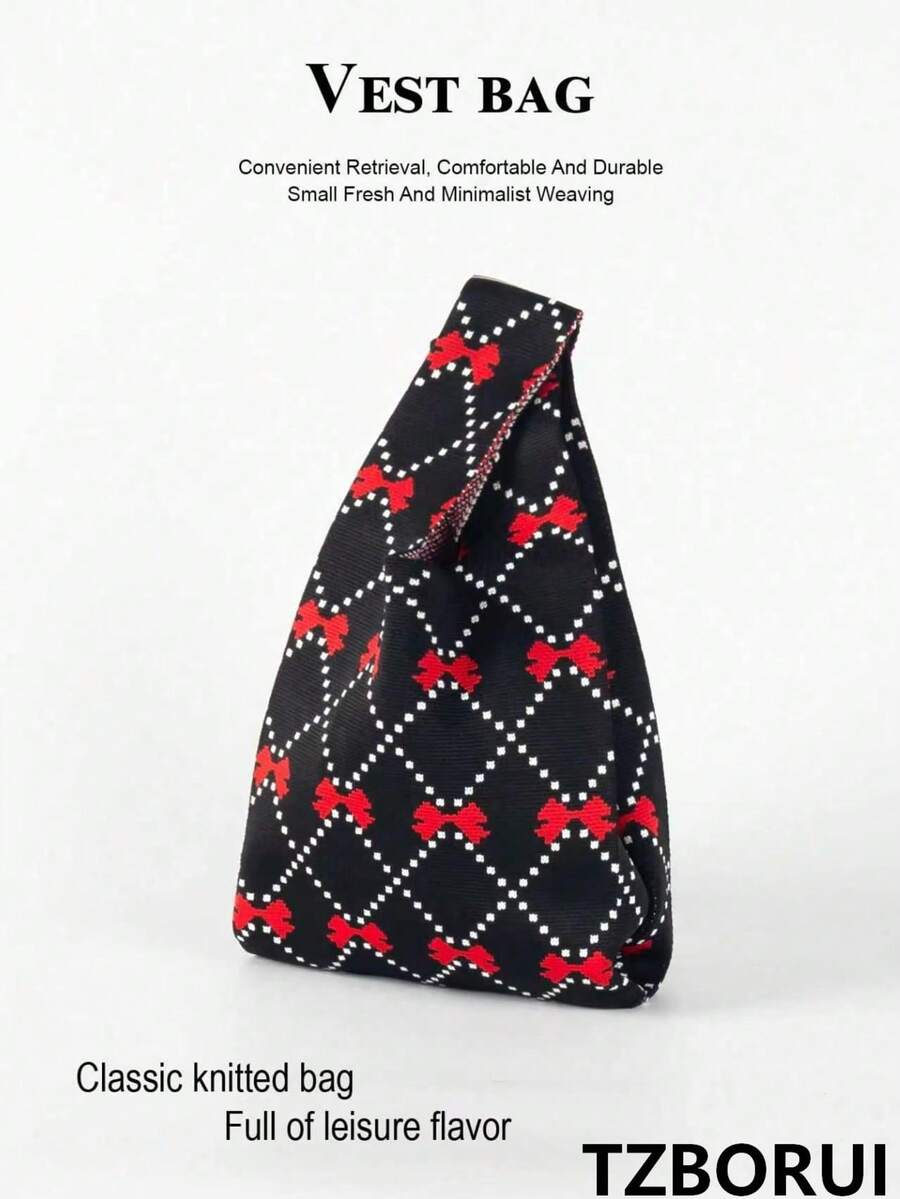 Mini Lightweight Foldable Cute Red Resin Hollow Breathable Contrast Color Knitted Handbag For Vacation, Photography, School, Students, Girls