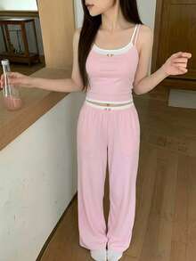 DAZY 两件套女士吊带露脐上衣+松紧腰直筒裤可爱睡衣套装 - 粉色 - 查看 5