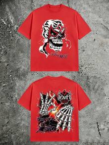 Luchador Mask Skull Graphic Tee, Retro Double‑Sided Skeleton Hands Lightning Gothic Grunge, 180g Pure Cotton Casual Short Sleeve Top For Men - 紅色2 - 查看 15