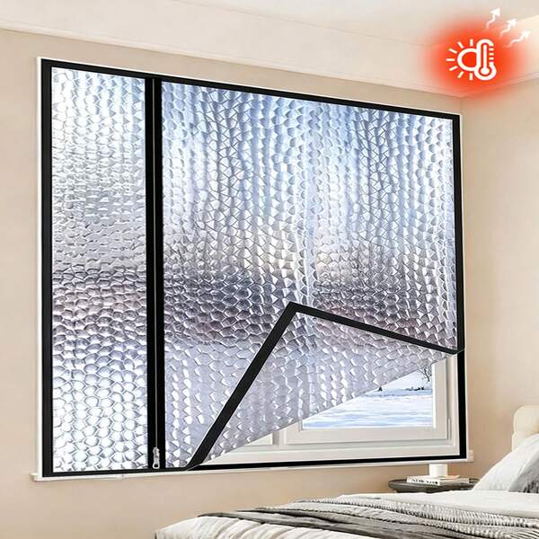 1pc Black Zippered Winter Thermal Curtain, No-Drill Window Sealing, Windproof Bedroom Thickened Insulation Film, Anti-Freeze Cold-Proof Wind-Blocking Curtain