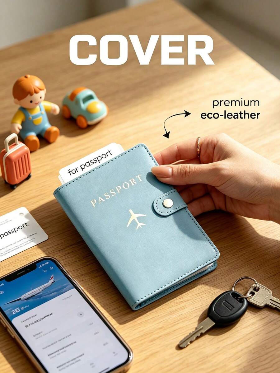 1pc Matte PU Passport Case, Snap‑Button Airplane Pattern Passport Wallet, Multi‑Card Slots Portable Document Organizer For Holiday & Flight Unisex