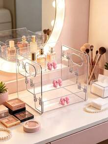 Pink Bow Desktop Organizer/Portable Three-Tier Storage Rack/Cosmetic Organizer/Suitable For Storing Lipsticks, Perfumes, Makeup Brushes, Toners, Lotions, Etc./Applicable For Bathrooms, Bedrooms, And Vanities/Desk & Drawer Organizer For Home Storage - Multicolor - View 5