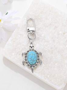 1pc Vintage Rhinestone Turquoise Turtle Keychain, Bag, Earphone Case Pendant, Car Keyring, Unisex, Souvenir, Animal Lover Gift - Multicolor - View 3