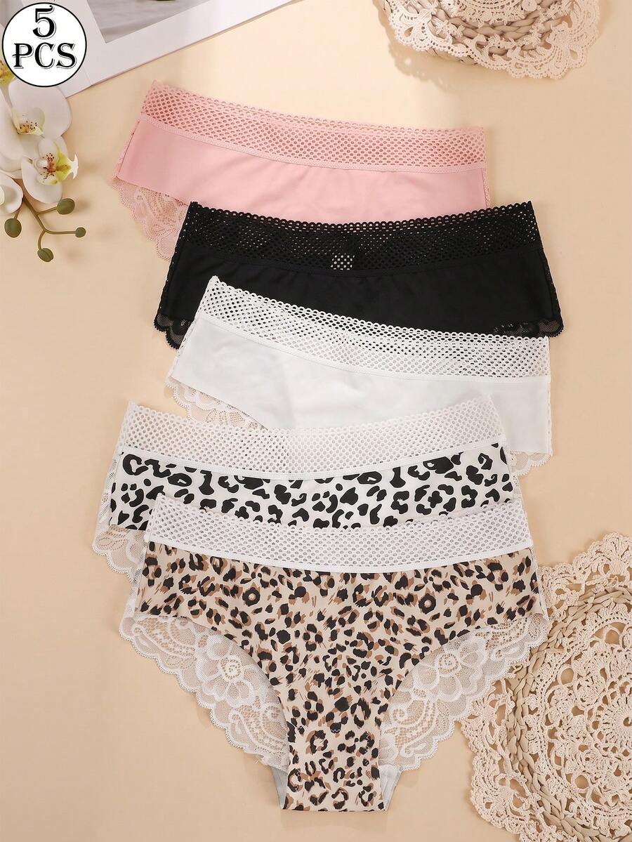 5pcs/Pack Women's Sexy Panties, Lace Patchwork Ice Silk Seamless Low Waist Triangle Panties, Solid Color Comfortable Daily & Date Wear - Multicolor - View 1