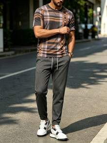 Men's Vintage Business Print Short Sleeve T-Shirt And Long Pants Set - Multicolor - View 4