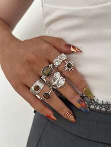 11/6/5pcs Vintage Old Money Style Pleated Texture Faux Gemstone Ring Set, Suitable For Women's Daily Wear - Silver - View 7