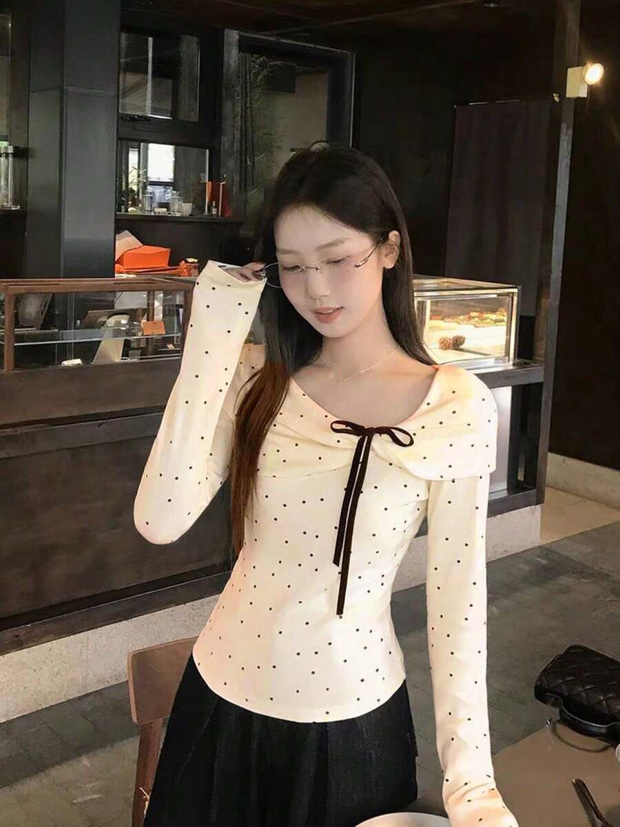 Korean Style All-Over Polka Dot Bow Long Sleeve Top Women Sweet Gentle Slim Fit Base Layer - Apricot - View 1