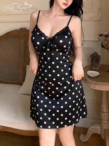 DAZY Classic Black & White Polka Dot Lace Trim Camisole Nightgown,Women's Deep V Bowknot Decor Fitted Mini Skirt,Soft &Comfortable Sexy Sleepwear Suitable - Black and White - View 5