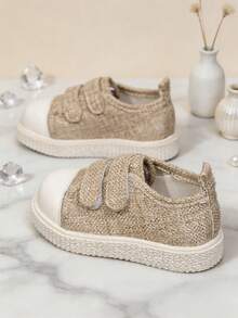 New Unisex Toddler Literary Style Casual Shoes, Comfortable Linen Fabric Colorblock Toe Design, Double Hook And Loop Closure, Lightweight Breathable Woven Material, Non-Slip Textured Sole, Simple Fresh Design, Suitable For Daily Wear, Outdoor Walking, Low-Top Casual Shoes - Khaki - View 3