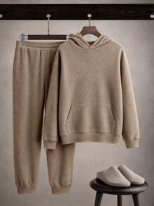Soft Textured Hoodie & Jogger Pants Set, Kangaroo Pocket Hooded Sweatshirt + Cuffed Sweatpants, Loose Casual 2 Pieces Outfit For Home And Outings - Khaki - View 6