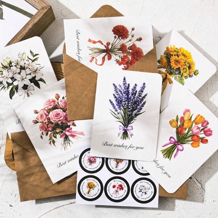 6 Pcs Premium Floral Greeting Cards Set With 6 Envelopes & 6 Seal Stickers, Handwriteable DIY Blank Note Cards For Holiday Gift Party Invitation Wedding Decor Stationery Supplies - Flower - View 1