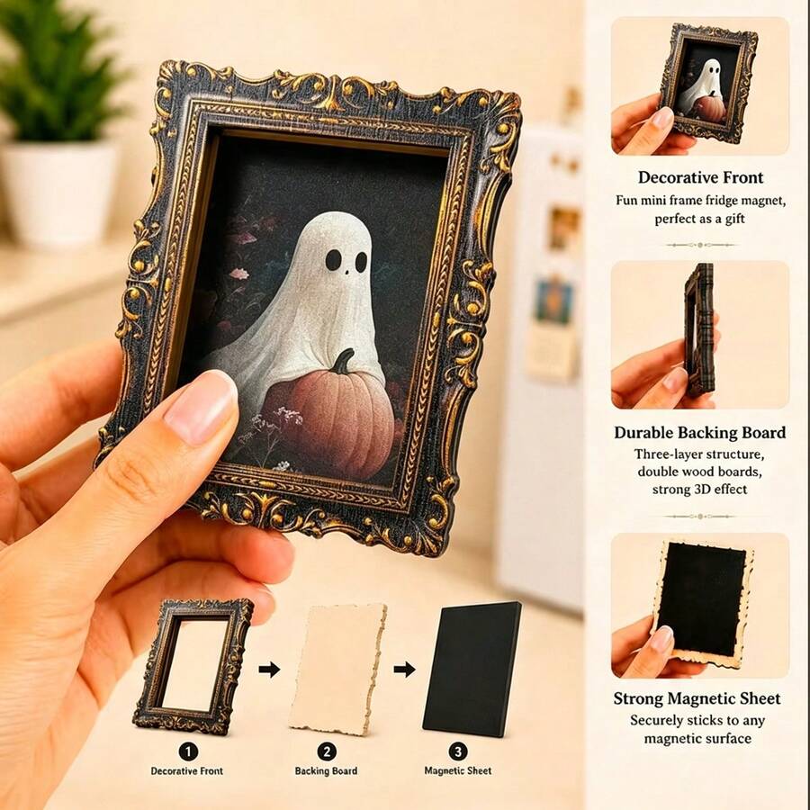 1pc Mini Photo Frame Style Refrigerator Magnet, Fun Pumpkin Ghost Pattern, Great Decorative Prop, Holiday Gift - A - View 1