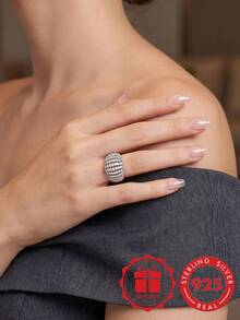 S925 Sterling Silver Multi-Layer Twisted Rope Design Full Zirconia Inlaid Wide Ring, Heavy Craftsmanship Luxury Elegant Banquet Versatile Women's Index Finger Ring, Jewelry Gift With Gift Box - Silver - View 7