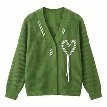 2026 Autumn/Winter New Women's Casual Loose Front Button & Contrast Color Cylinder Handmade Drawstring Design, Long Sleeve Fashion Minimalist Fall - Green - View 6
