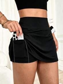 1pc Plus Size Tennis Skort For Women, Spring/Summer Casual Yoga Outdoor Fitness Wear With Built-In Safety Shorts And Side Pockets Sports - Black - View 4
