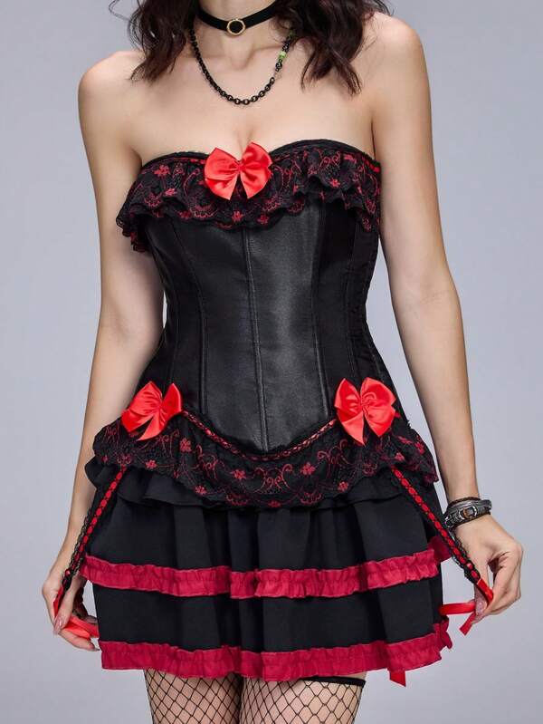 Top Corset Sem Alças de Cetim Preto com Decoração de Laço, Zíper Lateral, Cadarço nas Costas, Cinta de Cintura com Barbatanas, Roupa para Festa de Halloween